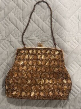 Vintage Handmade Hong Kong Beaded Evening Bag Gold Bronze Clutch Purse Chain